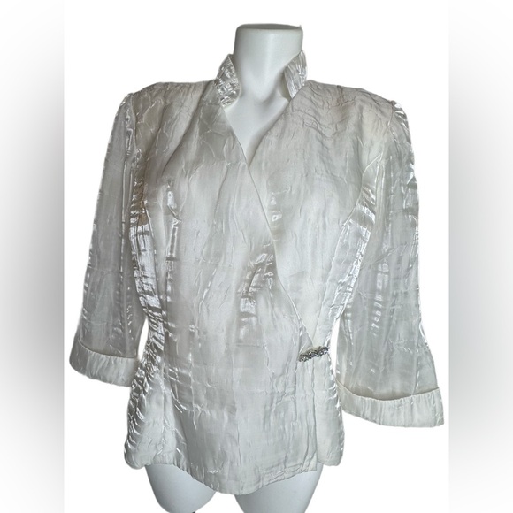 Alex Evenings | Ivory Crinkled Satin Wrap Blouse White Rhinestone Closure Size L - Picture 1 of 9